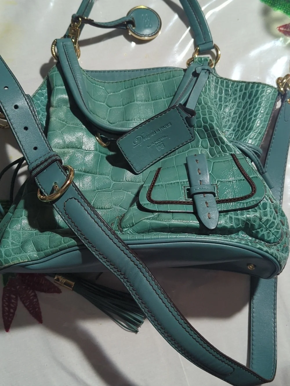lancel  Paris Green Leather Tote Bag